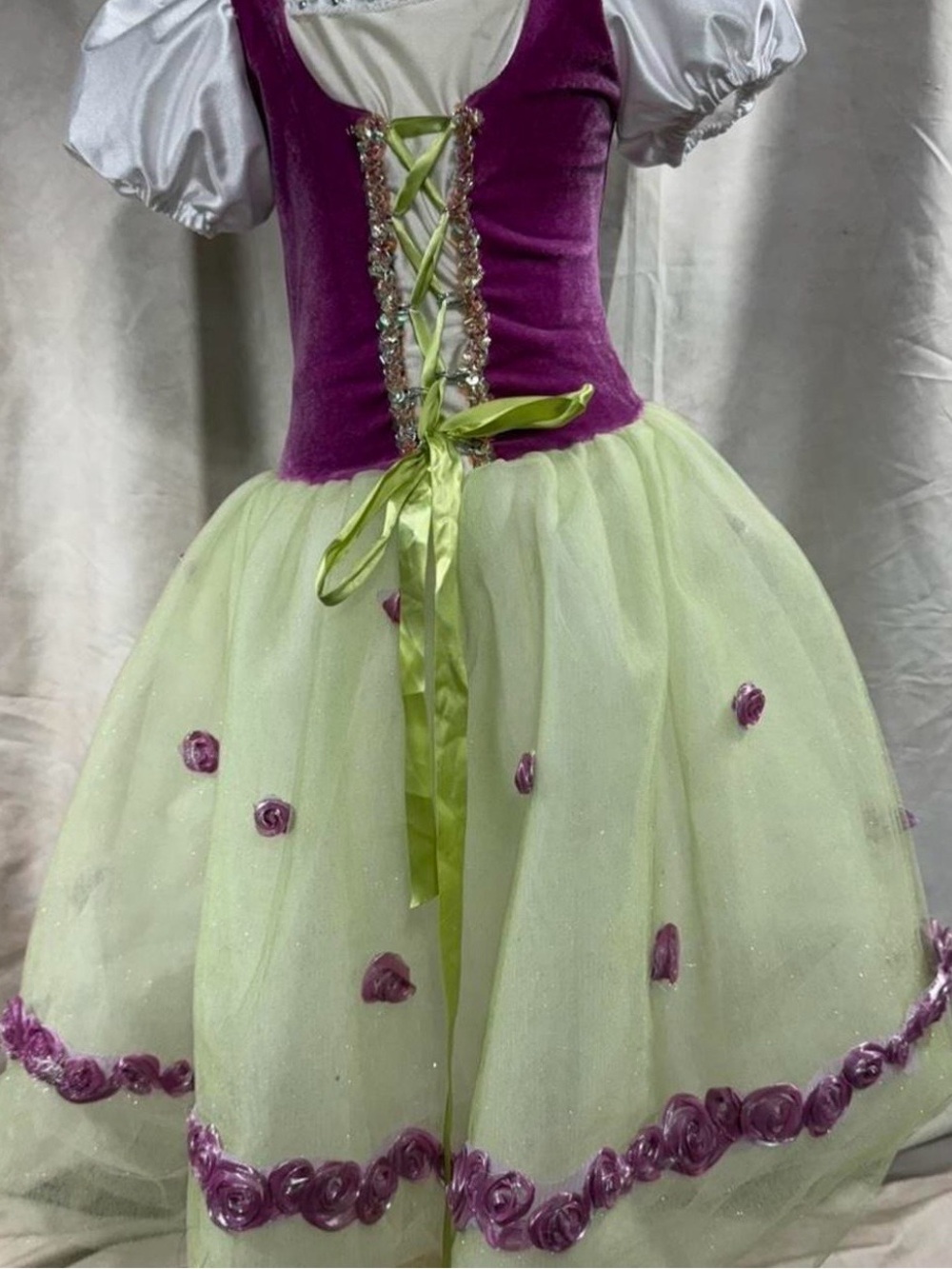 Girls Purple & Light Green Fairy Tulle Dress Costume with Ribbon Accents